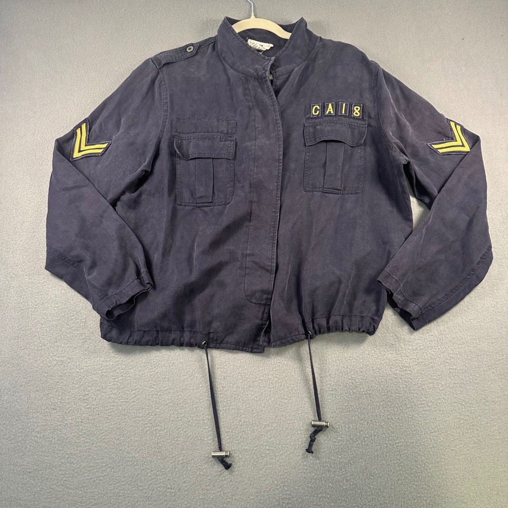 For The Republic Denim Military Jacket Navy Blue Lyocell Linen Utility Large